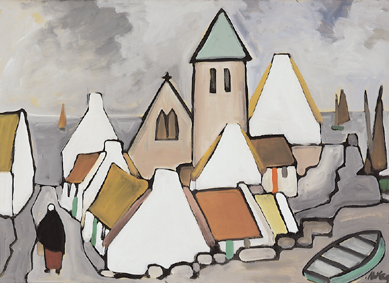 SEASIDE VILLAGE WITH SHAWLIE AND YACHTS by Markey Robinson sold for 19,045 at Whyte's Auctions