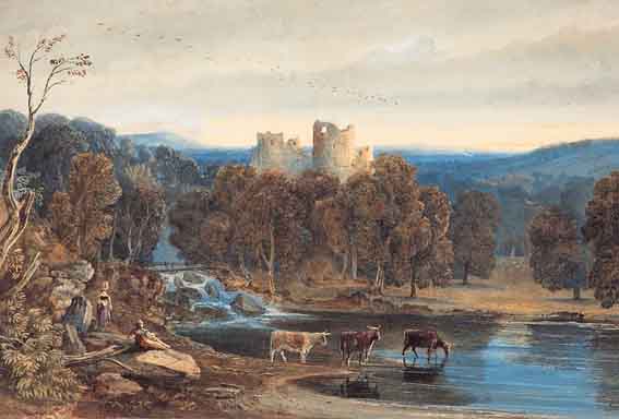 FIGURES AND CATTLE BY A RIVER WITH CASTLE RUINS BEYOND by George Barret sold for 1,650 at Whyte's Auctions