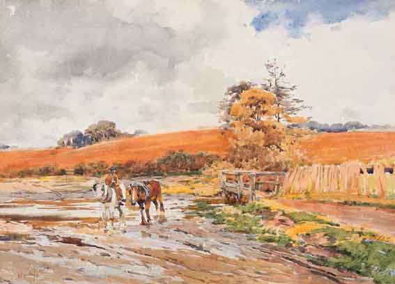 HORSES FORDING A STREAM IN AUTUMN by Claude Hayes sold for 2,031 at Whyte's Auctions