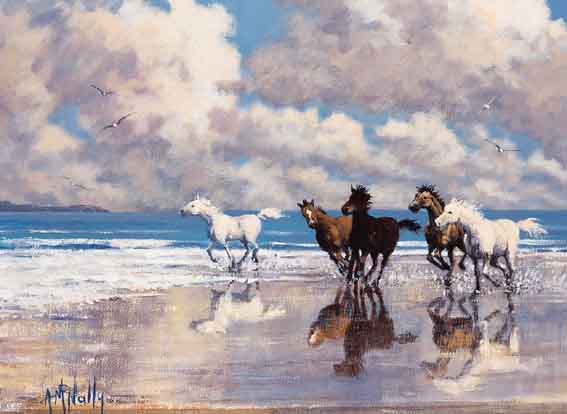WILD PONIES ON BEACH, WEST OF IRELAND by Tony McNally sold for 1,523 at Whyte's Auctions