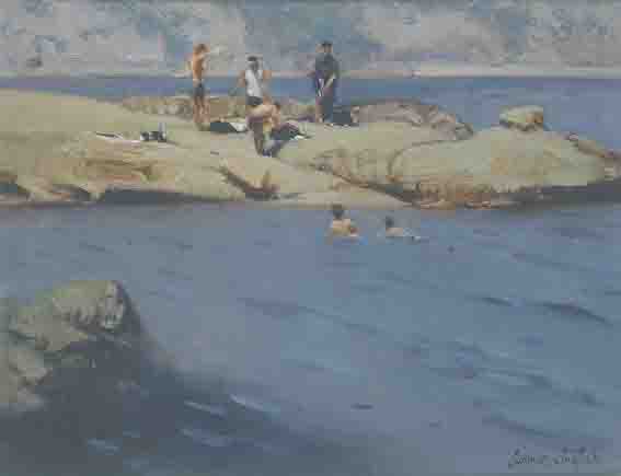 BATHING OFF THE ROCKS by James English sold for 2,793 at Whyte's Auctions