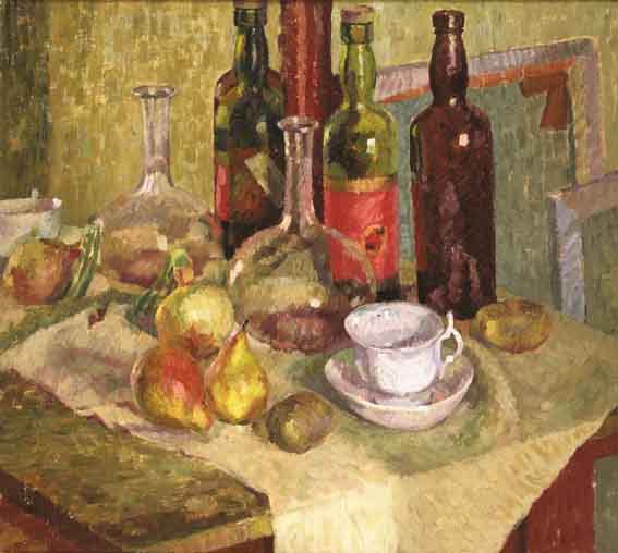 STILL LIFE IN THE STUDIO, WITH BOTTLES AND FRUIT by Gwen Smith sold for 3,100 at Whyte's Auctions