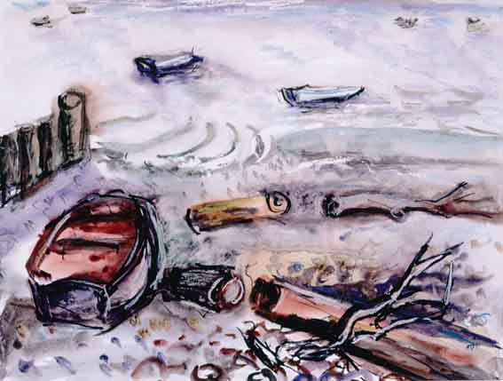 BOAT AND TIDAL FLOTSAM ON STRAND by Moila Powell sold for 1,900 at Whyte's Auctions