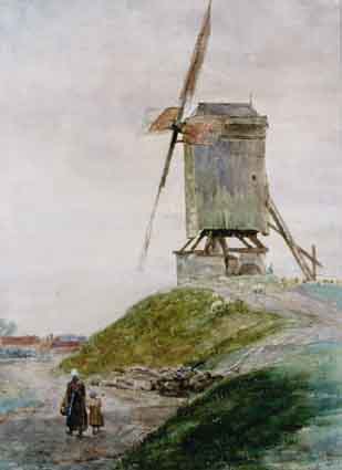 DUTCH WINDMILL WITH FIGURES ON A PATH AND SHEPHERD AND FLOCK IN DISTANCE by Claude Hayes sold for 1,900 at Whyte's Auctions