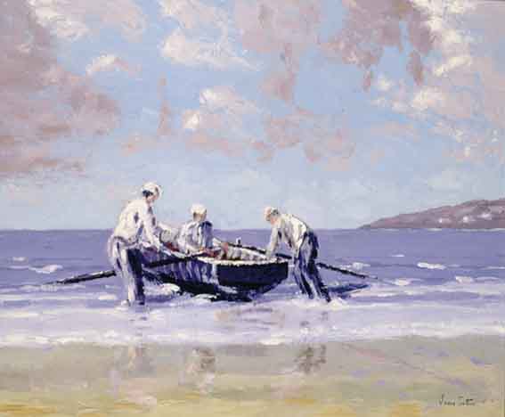 LAUNCHING THE CURRACH, ARAN, COUNTY GALWAY by Ivan Sutton sold for 3,200 at Whyte's Auctions
