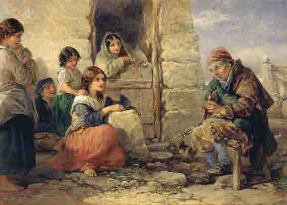 WOMEN AND CHILDREN LISTENING TO A VILLEANN PIPER, OUTSIDE A STONE COTTAGE by Francis William Topham sold for 13,000 at Whyte's Auctions