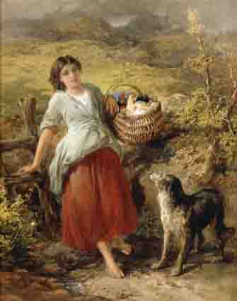 GIRL WITH BASKET OF HENS AND A DOG by Francis William Topham sold for 8,000 at Whyte's Auctions