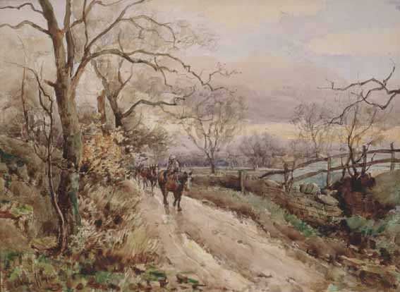 A RIDER LEADING A PACK OF HORSES DOWN A COUNTRY LANE by Claude Hayes sold for 1,800 at Whyte's Auctions