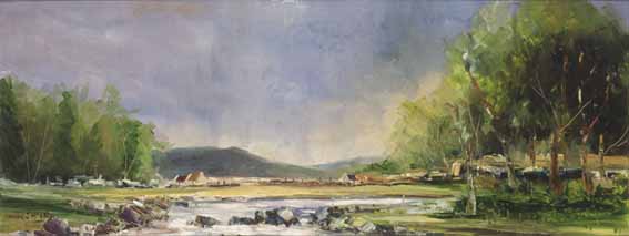 LANDSCAPE WITH VIEW OF COTTAGES OVER WATER by Norman J. McCaig sold for 4,200 at Whyte's Auctions