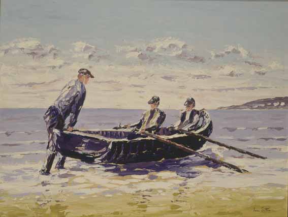 LAUNCHING THE CURRACH, ARAN MR, COUNTY GALWAY by Ivan Sutton sold for 4,000 at Whyte's Auctions