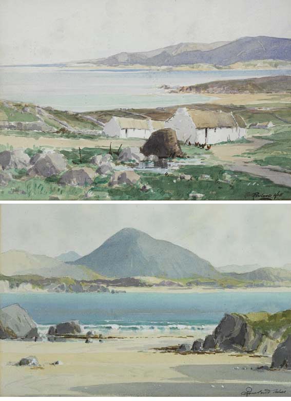 SHEEPHAVEN BAY, COUNTY DONEGAL and LANDSCAPE WITH COASTAL INLET, STRAND AND MOUNTAINS (A PAIR) by Rowland Hill sold for 1,500 at Whyte's Auctions