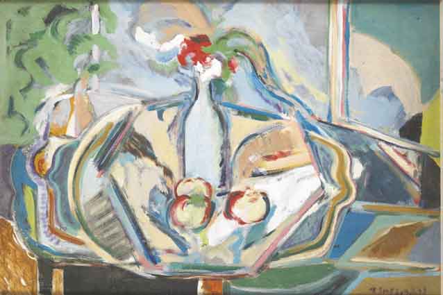 TABLE TOP STILL LIFE WITH FRUIT AND BLUE BOTTLE by Noel Sheridan sold for 1,800 at Whyte's Auctions