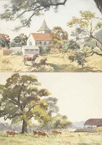 PASTORAL SCENE WITH CATTLE BEFORE A CHURCH and CATTLE GRAZING (A PAIR) by Alethea Garstin sold for 1,400 at Whyte's Auctions