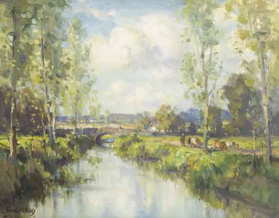 LANDSCAPE WITH FIGURE AND CATTLE ON A RIVER PATH by Frank McKelvey sold for 19,000 at Whyte's Auctions
