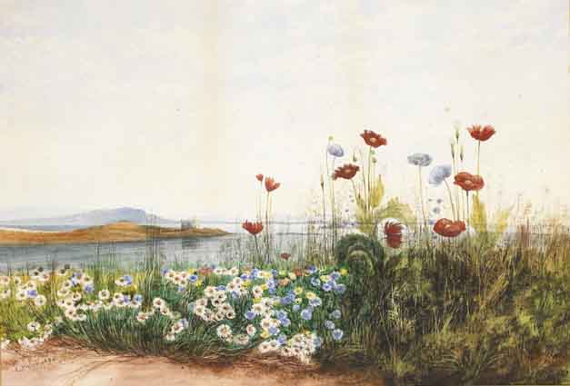 BANK OF WILD FLOWERS WITH DUNSTAFFNAGE CASTLE BEYOND by Andrew Nicholl sold for 11,500 at Whyte's Auctions