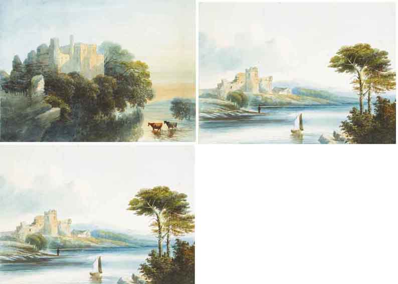 LISMORE CASTLE, SUN SETTING, COUNTY WATERFORD and THE BANKS OF THE AYRE [sic], SCOTLAND (A PAIR) by John E. Bosanquet sold for 1,500 at Whyte's Auctions