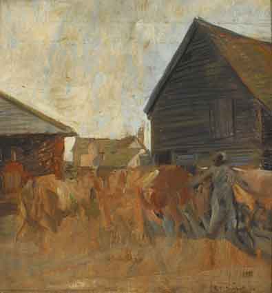 CATTLE BEING HERDED THROUGH A FARMYARD by Ronald Ossory Dunlop sold for 1,600 at Whyte's Auctions