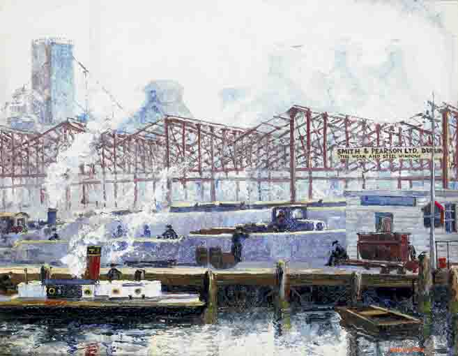 SMITH AND PEARSON STEELWORKERS ON THE LIFFEY QUAYS, DUBLIN by Fergus O'Ryan RHA (1911-1989) at Whyte's Auctions