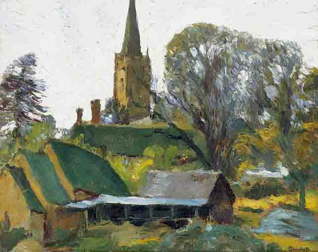 LANDSCAPE WITH FARM BUILDINGS AND CHURCH by Ronald Ossory Dunlop sold for 2,400 at Whyte's Auctions