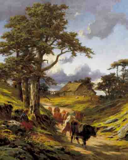DAIRY HERD ON A PATH, WITH A THATCHED ROOFED HOMESTEAD BEYOND by Alfred Grey sold for 3,000 at Whyte's Auctions