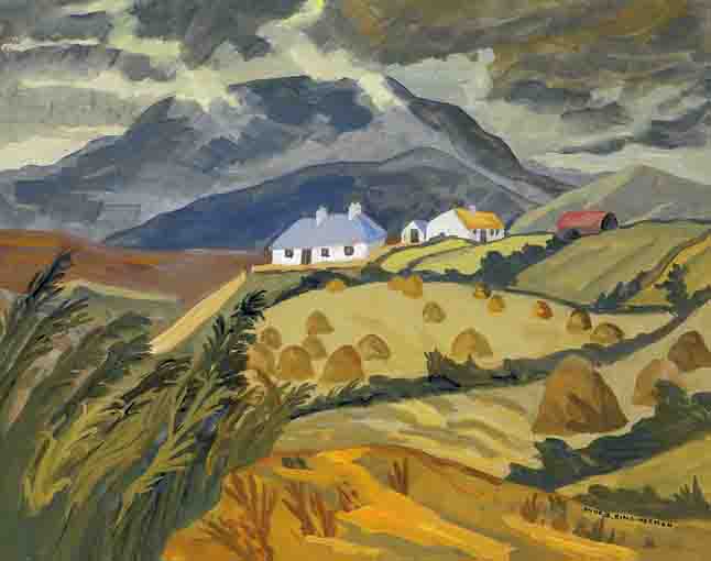 COTTAGES AND HAY-STACKS WITH RAIN-CLOUDS APPROACHING by Anne King-Harman sold for 1,100 at Whyte's Auctions