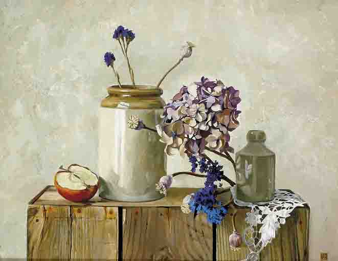 STILL LIFE WITH STONEWARE AND HYDRANGEA by Ian McAllister sold for 3,600 at Whyte's Auctions