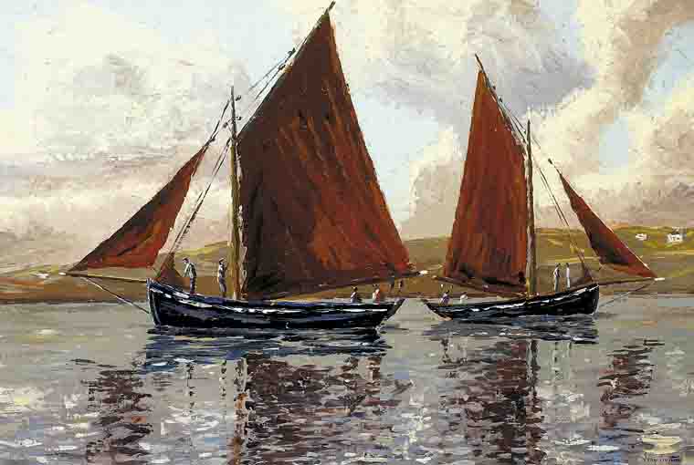 BECALMED GALWAY HOOKERS OFF CARRAROE, COUNTY GALWAY by Ivan Sutton sold for 4,200 at Whyte's Auctions