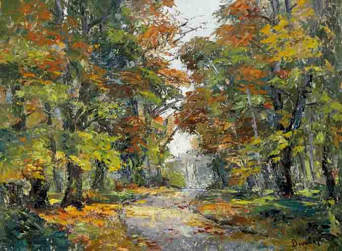 A WOODED PATH IN AUTUMN WITH GLIMPSE OF WATER BEYOND by Ronald Ossory Dunlop sold for 2,100 at Whyte's Auctions