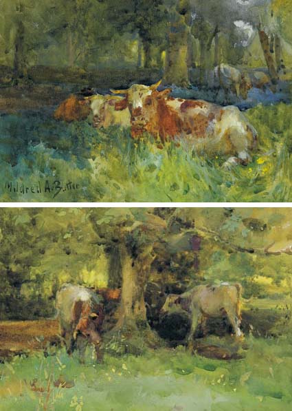 CATTLE RESTING IN WOODLAND and CATTLE GRAZING BENEATH TREES (A PAIR) by Mildred Anne Butler sold for 11,000 at Whyte's Auctions