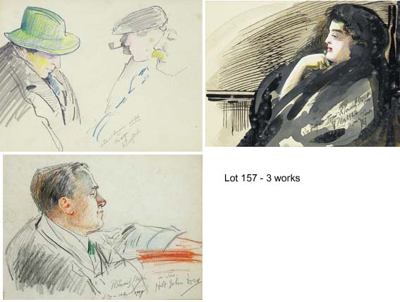PORTRAIT OF H. ST. JOHN DIX (16 August 1909); IN TRAIN TO DUNGANNON WITH BOB (11 November 1911); and IN BELFAST TRAM (7 May 1924) (set of 3 works) by Sir Robert Ponsonby Staples sold for 850 at Whyte's Auctions