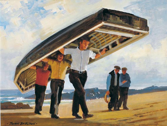 RAISING THE CURRACH (THREE MAN CURRACH, INISHBOFIN ISLAND) by John Skelton (1923-2009) at Whyte's Auctions
