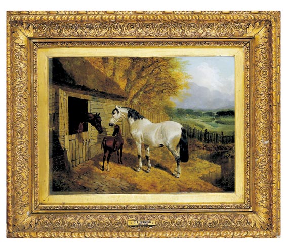 STABLE-YARD WITH TWO HORSES AND A FOAL, AND A RIVERINE LANDSCAPE BEYOND by John Frederick Herring Jnr sold for 15,000 at Whyte's Auctions