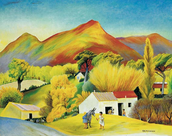 CHILDREN WITH A DONKEY OUTSIDE FARM BUILDINGS IN A VALLEY by Sine MacKinnon (1901-1996) at Whyte's Auctions