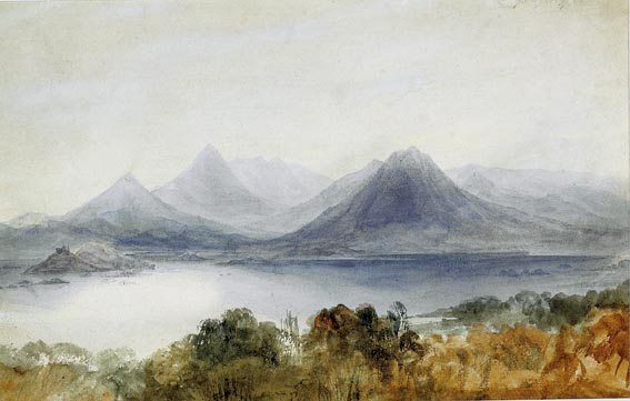 A DISTANT VIEW OF GLENGARIFF CASTLE and GLENGARIFF HARBOUR, MOUNTAINS BEYOND (A PAIR) by Andrew Nicholl sold for 1,800 at Whyte's Auctions