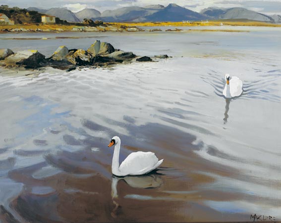 SWANS AT LETTERDYFE, ROUNDSTONE, CONNEMARA by Cecil Maguire sold for 10,000 at Whyte's Auctions