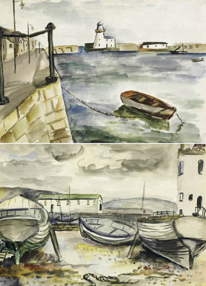 HOWTH HARBOUR WITH VIEW OF LIGHTHOUSE and BOATS AT THE UPPER HARBOUR, HOWTH (A PAIR) by Moila Powell sold for 2,500 at Whyte's Auctions