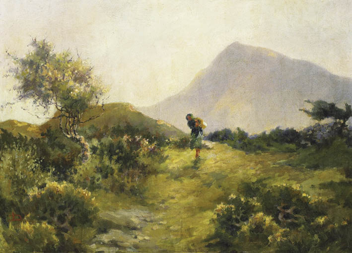 MOUNTAIN LANDSCAPE WITH THORN TREES AND GORSE AND A YOUNG WOMAN CARRYING A BASKET by Lilian Lucy Davidson sold for 6,200 at Whyte's Auctions