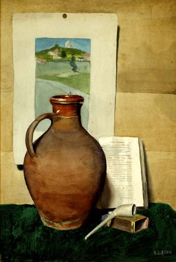 STILL LIFE WITH TERRACOTTA JUG, MEERSCHAUM PIPE AND A DUTCH LANDSCAPE by Harry Epworth Allen RBA (1894-1958) at Whyte's Auctions