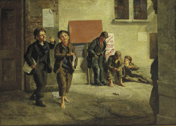 STREET SCENE WITH NEWSPAPER VENDORS AND BOYS PLAYING A GAME OF SPINNER by William Gibbes MacKenzie sold for 8,200 at Whyte's Auctions