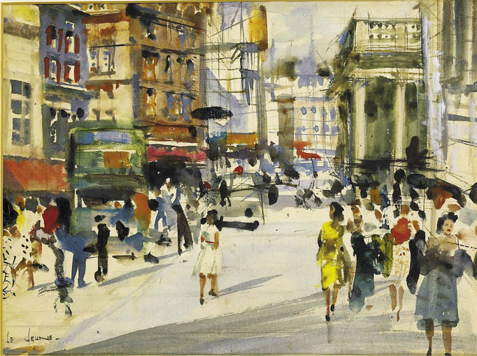 DUBLIN STREET SCENE (VIEW ALONG WESTMORELAND STREET TOWARDS COLLEGE GREEN) by James le Jeune sold for 4,000 at Whyte's Auctions