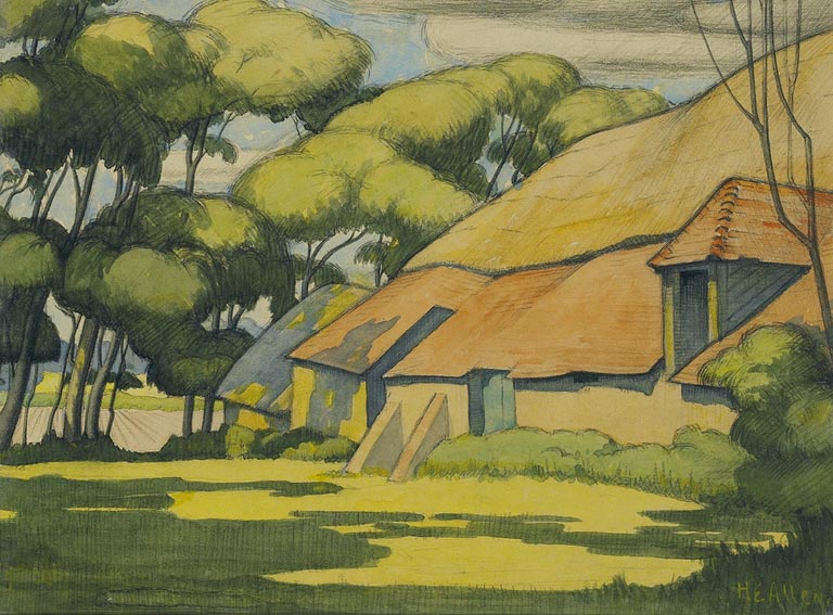 THATCHED HOUSE, TREES AND FIELDS by Harry Epworth Allen RBA (1894-1958) at Whyte's Auctions