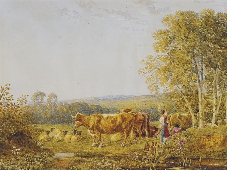 PASTORAL LANDSCAPE WITH MILKMAID, COWS AND SHEEP by George Barret sold for 950 at Whyte's Auctions