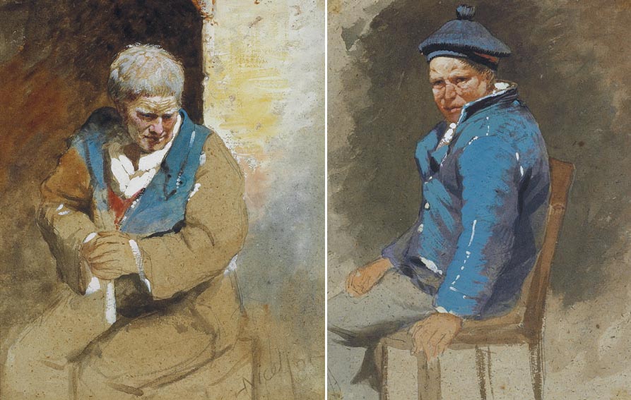 AN OLD MAN SEATED and A YOUNG MAN IN A BLUE COAT AND TAM O'SHANTER (A PAIR) by Erskine Nicol sold for 4,800 at Whyte's Auctions