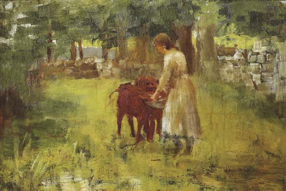 GIRL FEEDING CALVES by Walter Frederick Osborne sold for 30,000 at Whyte's Auctions