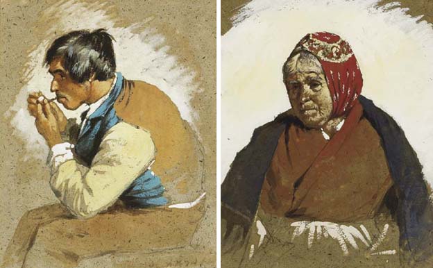 A YOUNG MAN LIGHTING HIS PIPE and AN OLD WOMAN WITH A RED SCARF (A PAIR) by Erskine Nicol sold for 3,400 at Whyte's Auctions