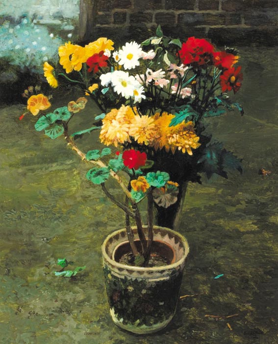 POTTED GERANIUMS WITH VASE OF CHRYSANTHEMUMS by Jack Cudworth sold for 1,150 at Whyte's Auctions