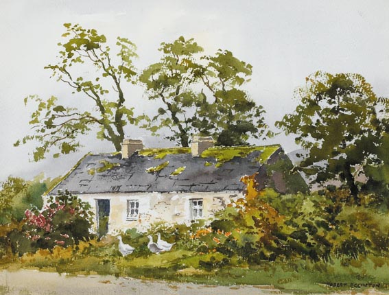 THE ROAD TO LETTERFRACK, CONNEMARA and COTTAGE WITH GEESE NEAR WESTPORT, COUNTY MAYO (A PAIR) by Robert Egginton sold for 1,300 at Whyte's Auctions
