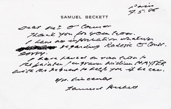 Autograph letter signed (Samuel Beckett) to Michael J. O'Connor by Samuel Beckett sold for 550 at Whyte's Auctions