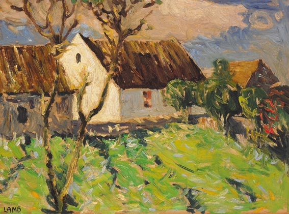 THATCHED COTTAGES WITH TREES AND FIELD by Charles Vincent Lamb sold for 5,000 at Whyte's Auctions