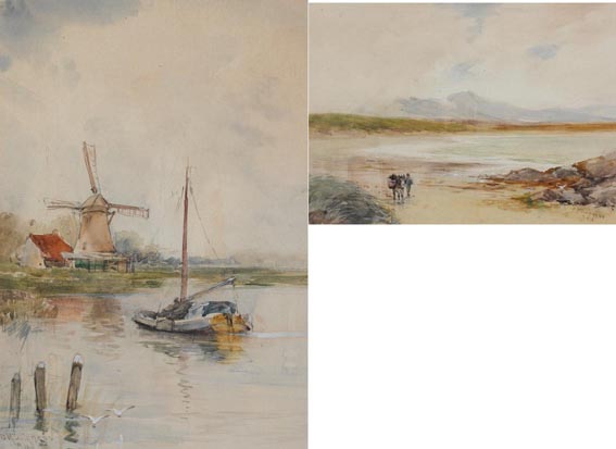 FIGURE WITH DONKEY ON STRAND and RIVER LANDSCAPE WITH SAILBOAT AND WINDMILL (A PAIR) by William Bingham McGuinness sold for 3,000 at Whyte's Auctions
